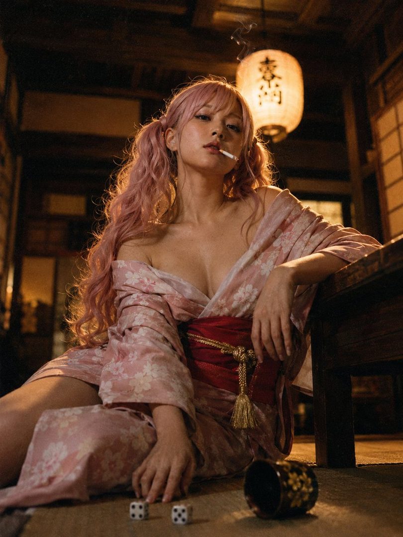 A woman with pink twintails wearing a pink kimono with a red obi, smoking a cigarette indoors with dice on the floor.