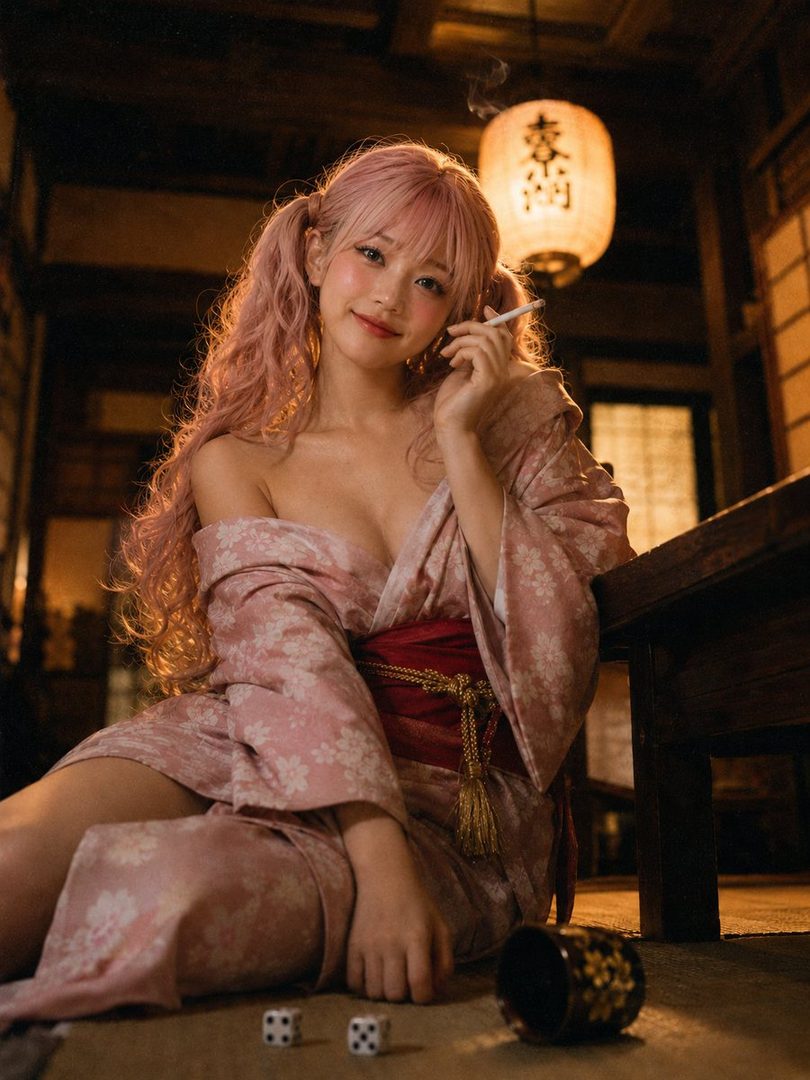 A young woman with pink twintails and a kimono sits indoors, holding a cigarette, with a traditional Japanese lantern in the background.