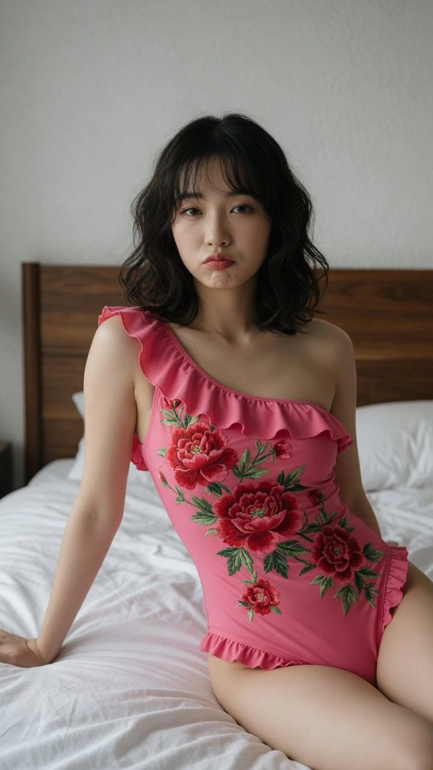 A photorealistic portrait of a young East Asian woman with black curly hair and bangs, wearing a pink one-shoulder swimsuit with red floral embroidery, sitting on a bed in a bedroom.