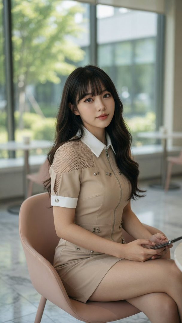 A beautiful East Asian woman with long dark hair and bangs, wearing a beige dress, sits in a cafe and looks at the viewer.