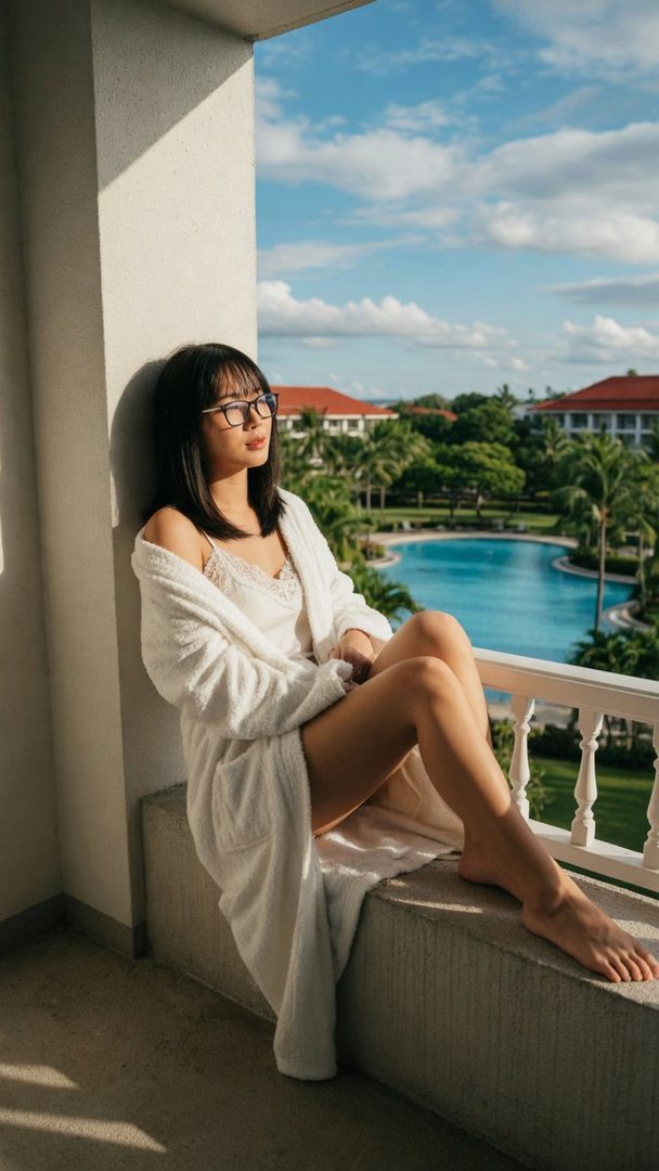 A young East Asian woman with short black hair and glasses sits on a hotel balcony, wearing a white camisole and bathrobe, looking out at a resort pool and tropical trees under a sunny sky.