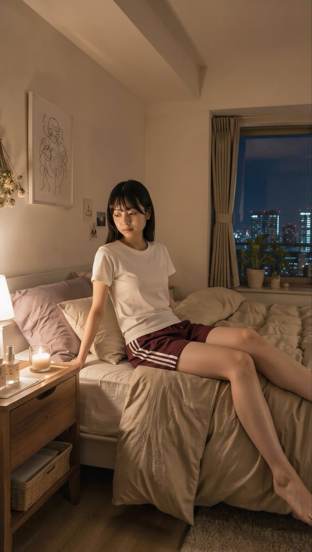 A young woman with black hair and bangs sits on a bed in a cozy bedroom at night, wearing a white t-shirt and red shorts.