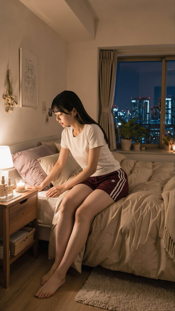 A young woman in a white t-shirt and red shorts sits on a bed in a cozy bedroom at night, with city lights visible outside the window.