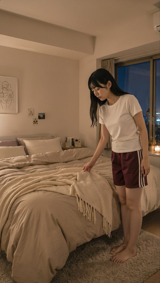 A young woman in a white t-shirt and red shorts stands barefoot in a cozy bedroom at night, adjusting a blanket on the bed.
