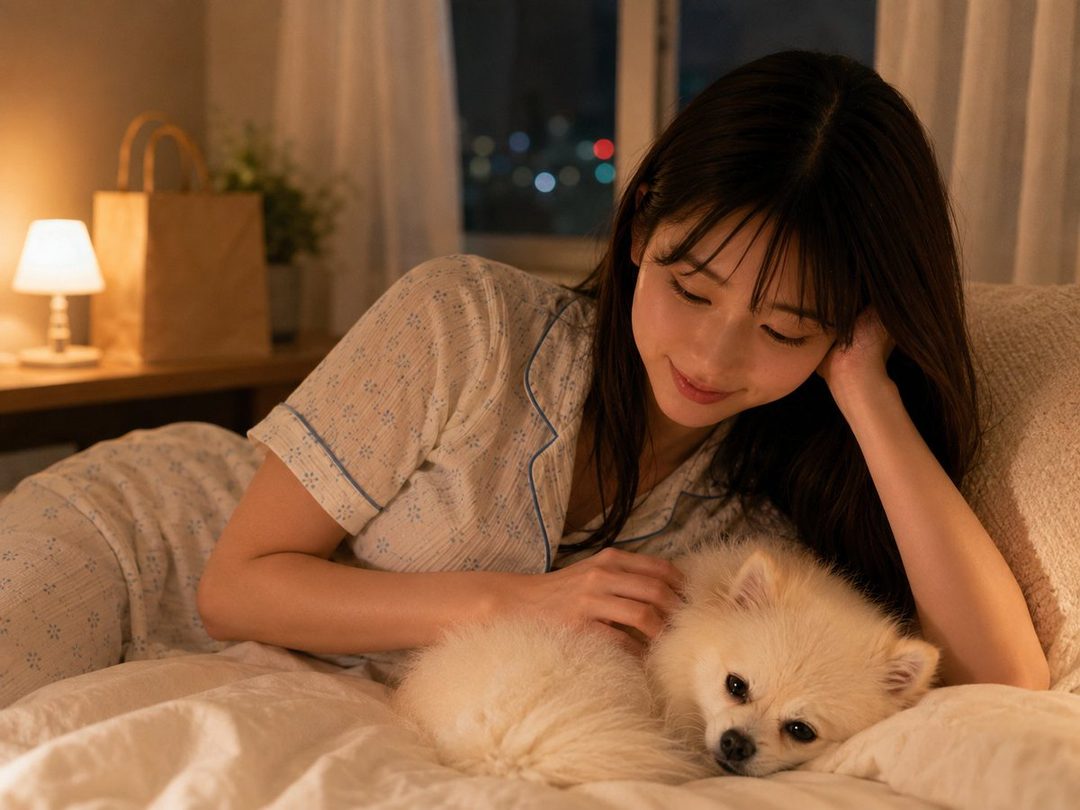 A young woman with long dark hair and bangs, wearing pajamas, lies in bed with a small white dog, looking down at it with a gentle smile in a dimly lit bedroom at night.