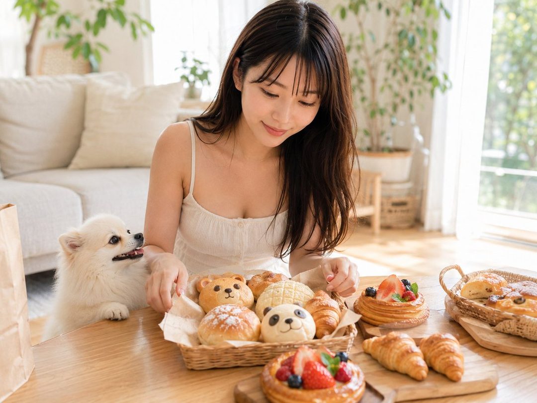 A young woman with long brown hair in a white camisole smiles while looking at a basket of cute animal-shaped breads and fruit tarts on a wooden table, with a small white dog beside her.