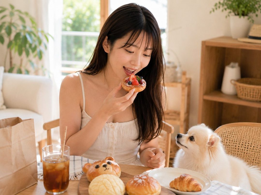 A young woman with long black hair is sitting at a table indoors, about to eat a fruit tart, with a small white dog looking up at her.