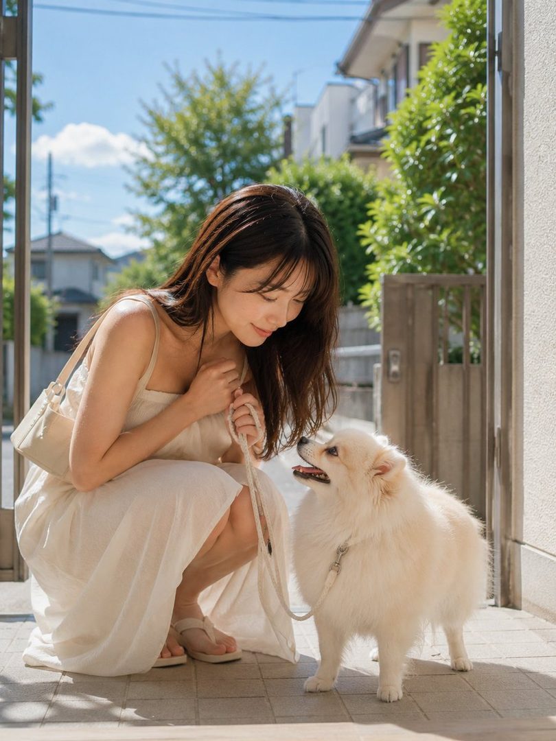 A young woman in a white dress crouches down to interact with a small white dog on a sunny outdoor path.