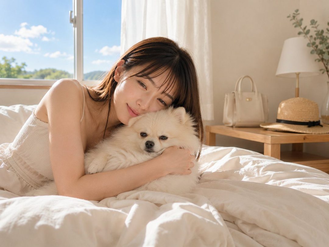 A young woman with brown hair and bangs lies on a bed, gently holding a fluffy white dog, bathed in soft sunlight from a window.