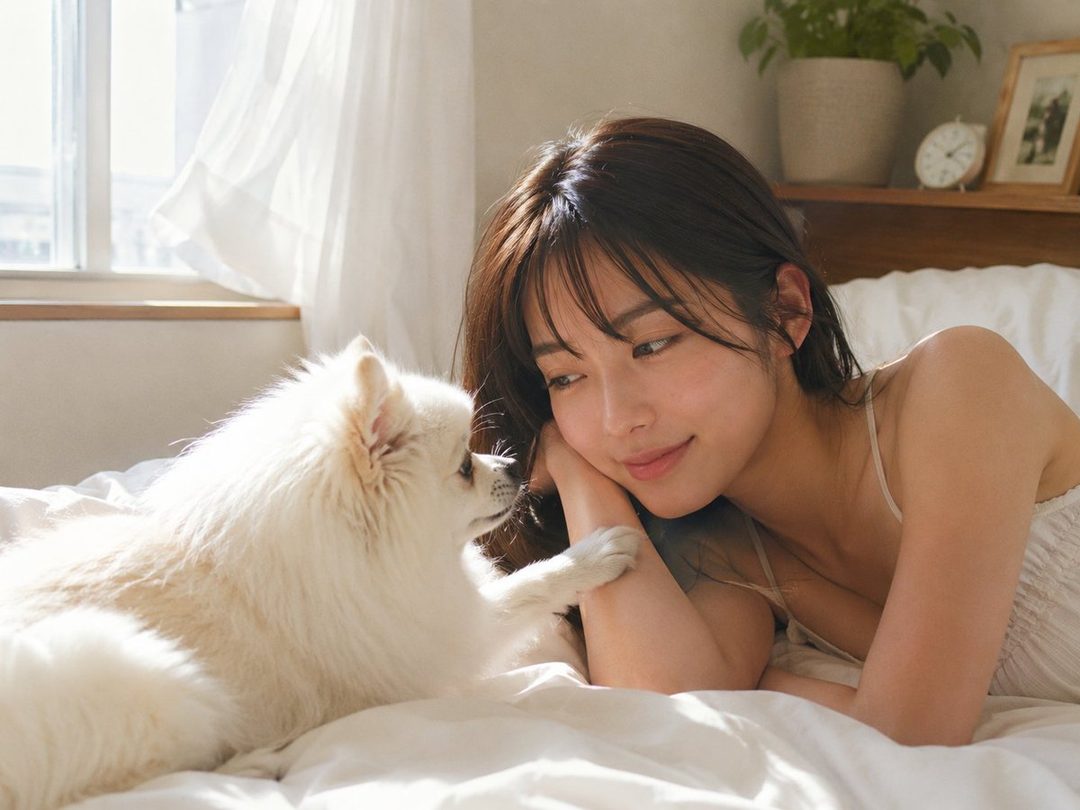 A young woman with long brown hair and bangs, wearing a white camisole, lies on a bed and looks at a small white dog.