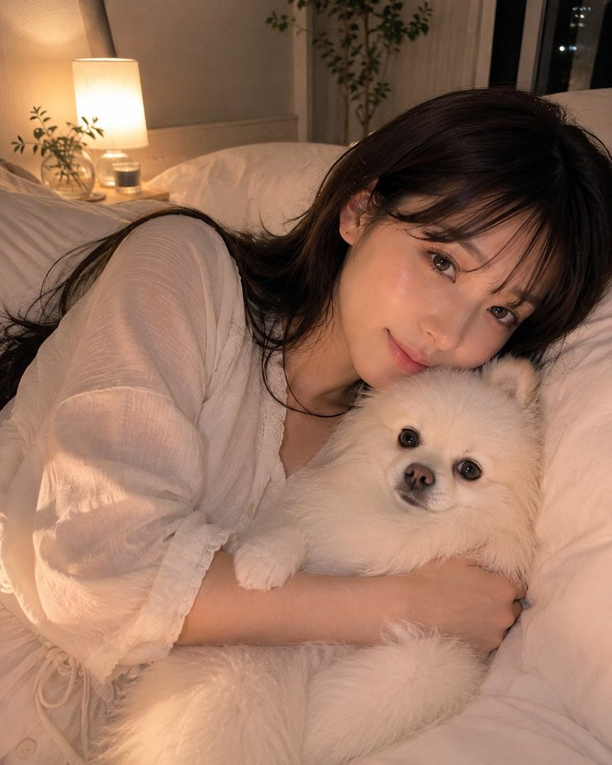 A beautiful woman with long brown hair and bangs lies in bed, holding a fluffy white dog, with a soft lamp in the background.