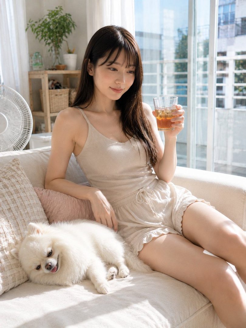A young woman with long brown hair and bangs, wearing casual loungewear, sits on a sofa with a small white dog, holding a glass of iced tea in a bright indoor setting.