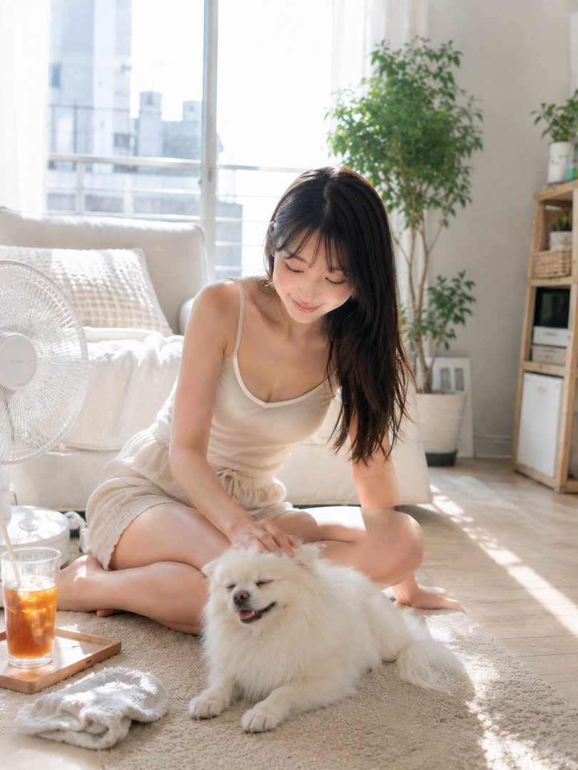 A young woman with long black hair and bangs, wearing casual loungewear, sits on the floor petting a white fluffy dog in a sunlit indoor setting.