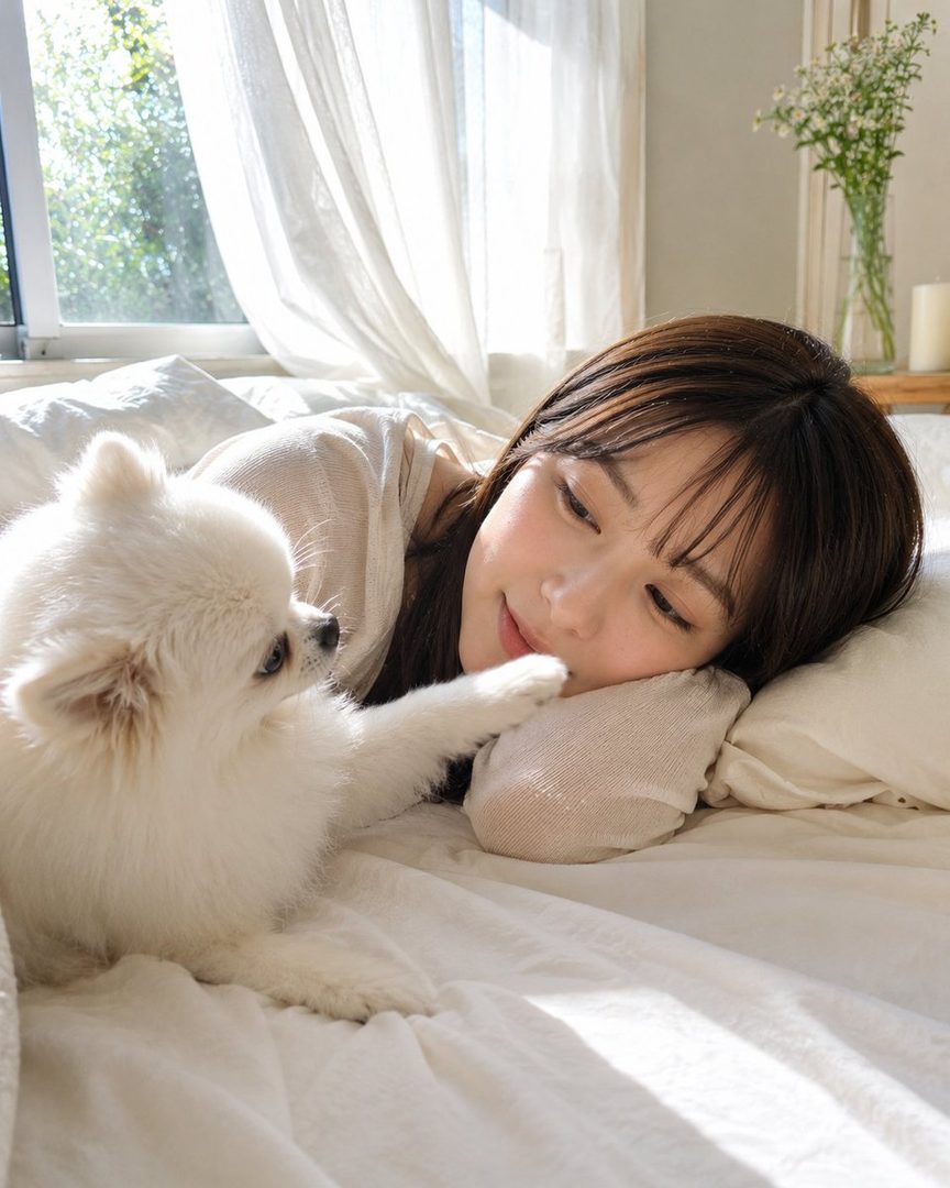 A young woman with brown hair and bangs lies in bed with a small white dog, bathed in soft morning light.