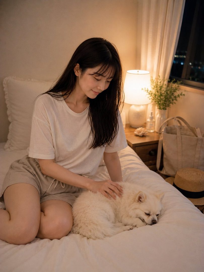 A young woman with long dark hair and bangs, wearing a white t-shirt and shorts, gently pets a sleeping white dog on a bed in a cozy bedroom at night.