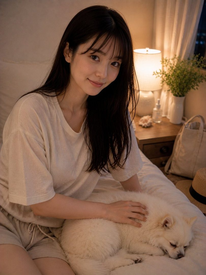 A young woman with long dark hair and bangs, wearing a casual t-shirt and shorts, gently pets a sleeping white dog on a bed in a softly lit room.