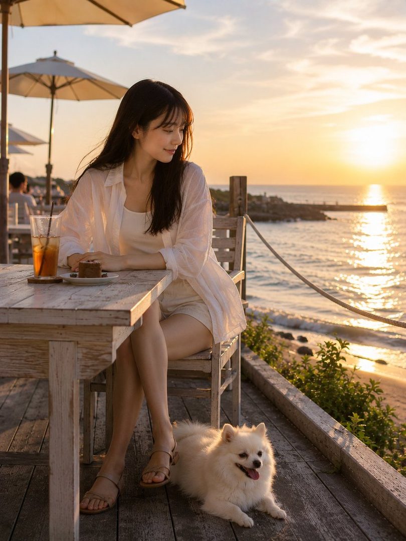 A young woman with long black hair sits at an outdoor cafe table with a small white dog at her feet, enjoying the sunset over the ocean.