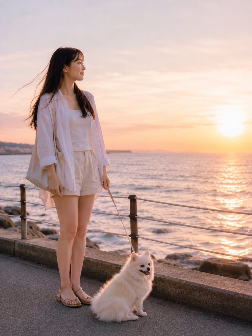 A young woman with long black hair and a white shirt stands by the ocean with her white dog during sunset.