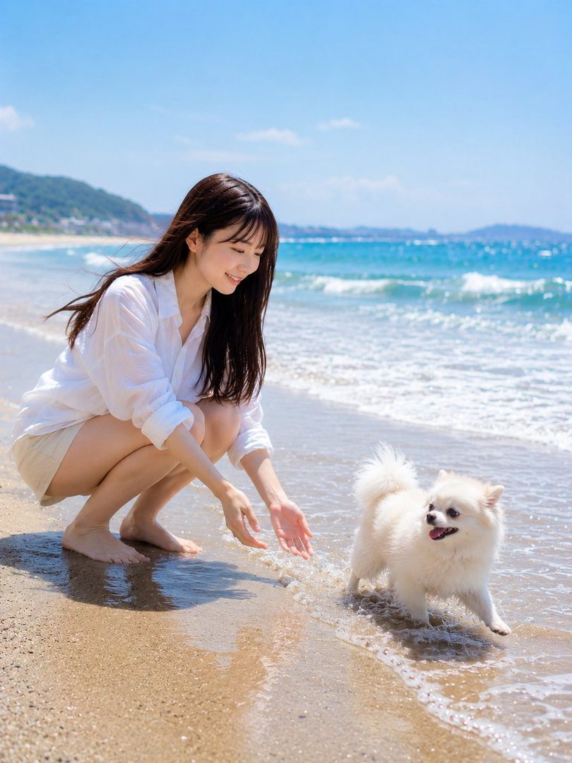 A young woman with long black hair crouches on a sandy beach, smiling at a small white dog playing in the shallow ocean water on a sunny day.