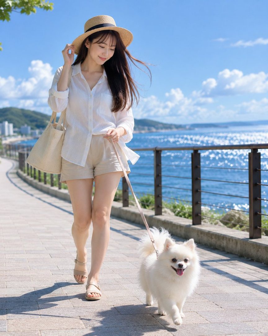 A young woman with long black hair and a straw hat walks a small white dog along a sunny seaside promenade.