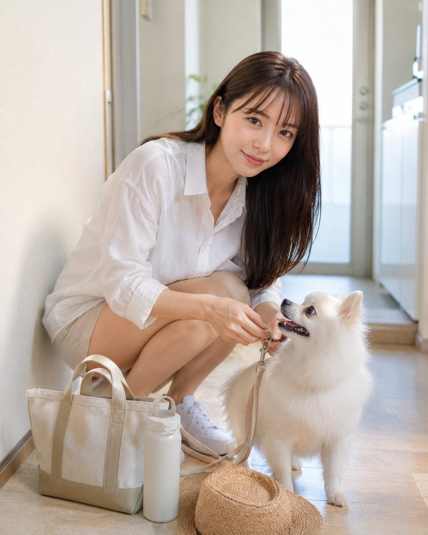 A young woman with long brown hair and bangs, wearing a white shirt and shorts, crouches down to pet a white dog indoors.