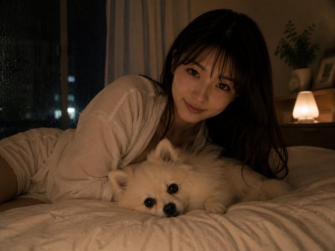 A young woman with long dark hair and bangs lies on a bed next to a small white dog, looking at the camera in a dimly lit room at night.