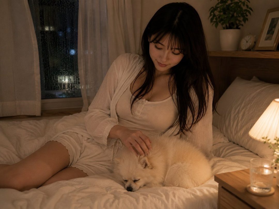 A young woman with long black hair and bangs, wearing casual white sleepwear, gently pets a small white dog while sitting on a bed in a dimly lit bedroom at night, with rain visible outside the window.