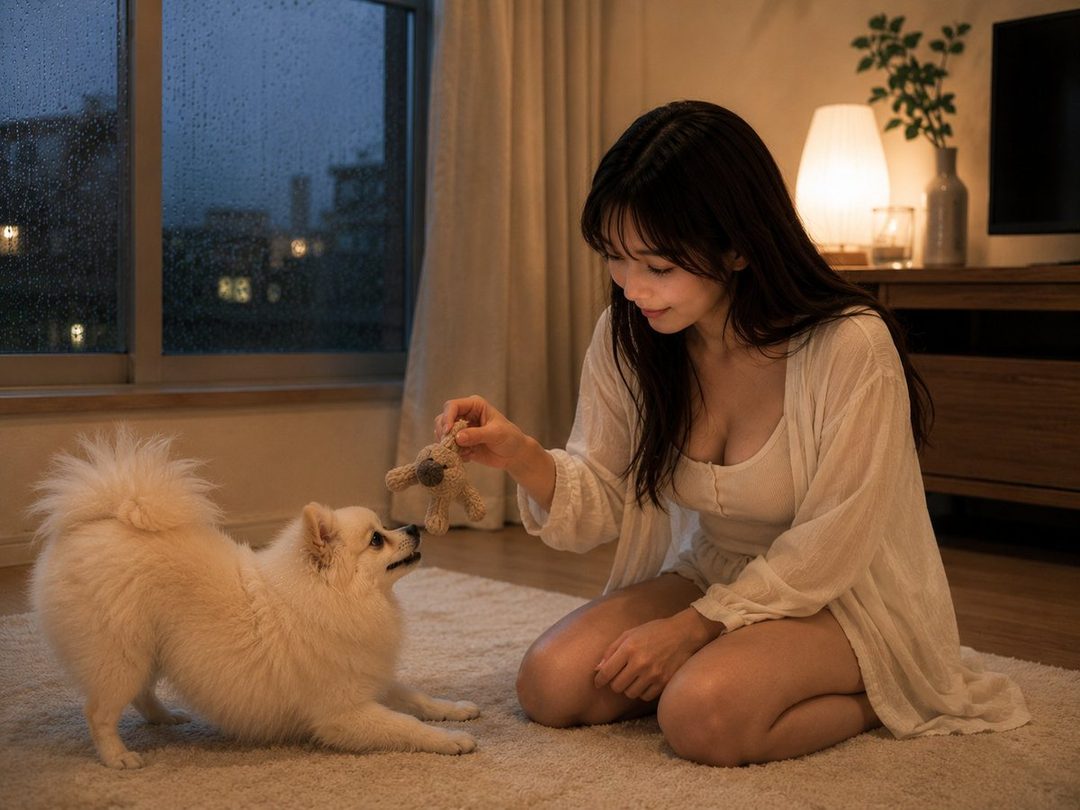 A young woman with long black hair kneels on a rug, playing with a small white dog and a toy, with a rainy window in the background at night.
