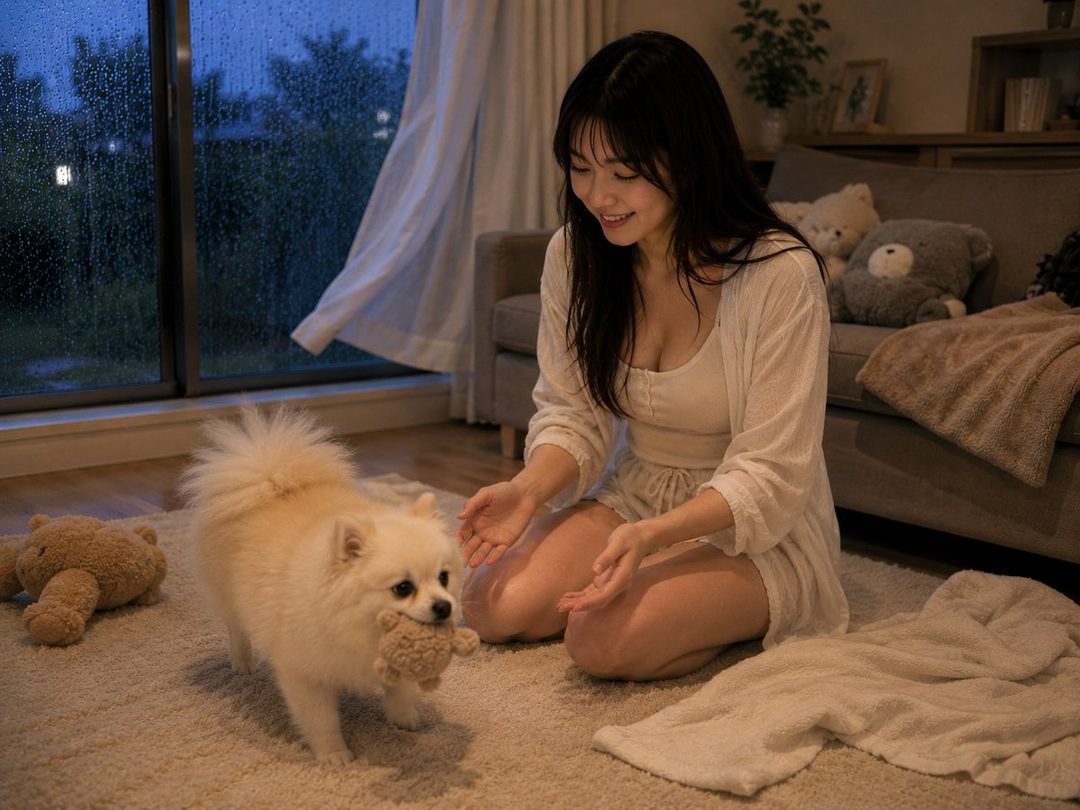 A young woman with long black hair is playing with a fluffy white dog indoors at night, with rain visible outside the window.
