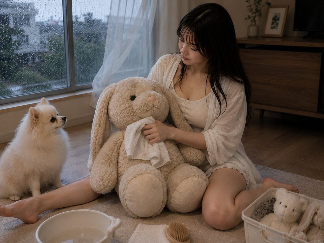 A woman with long black hair is sitting on the floor next to a large stuffed bunny and a small white dog, with a rainy window in the background.