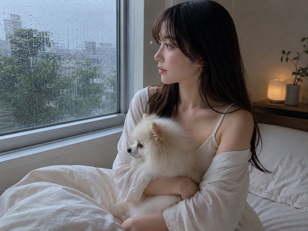 A young woman with long black hair and bangs, wearing a white knit top, sits indoors with a small white dog, looking out a window at a rainy city scene.
