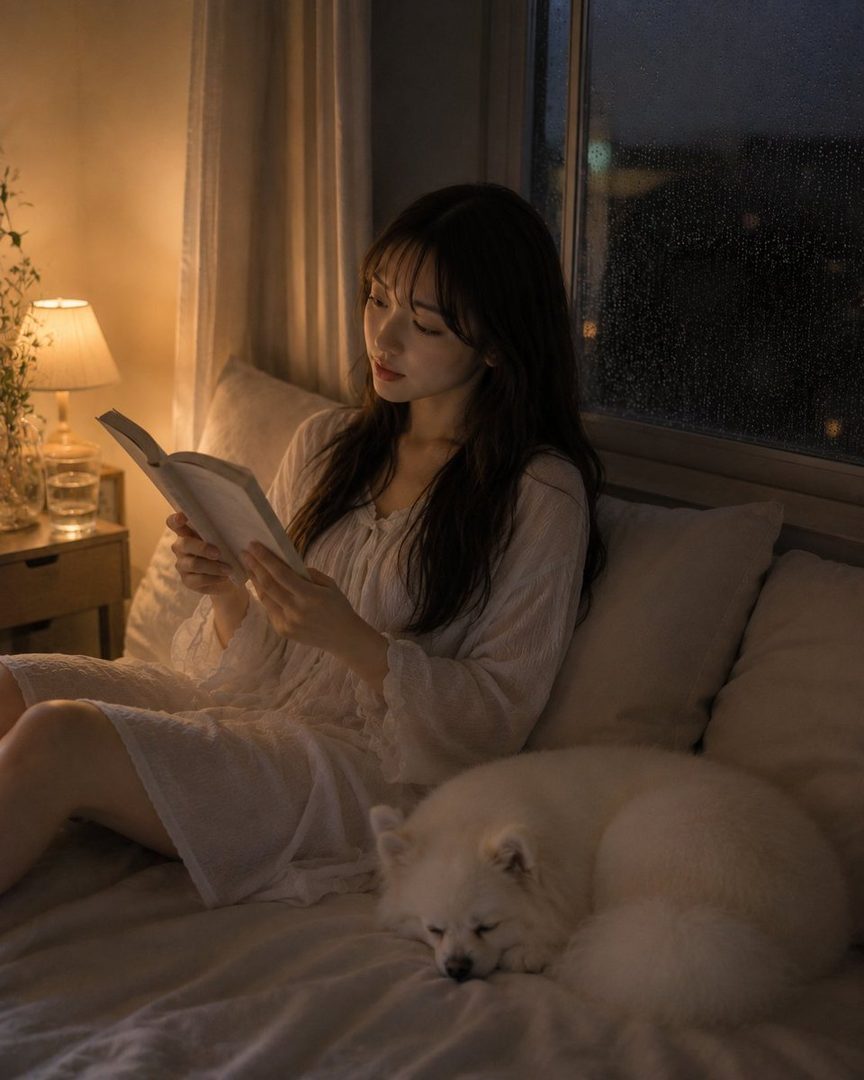 A young woman with long brown hair is reading a book in bed at night, with a white dog sleeping beside her.