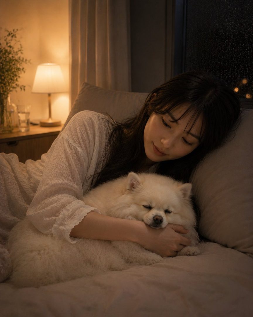 A woman with long dark hair is lying in bed, gently holding a fluffy white dog that is sleeping soundly. The room is dimly lit, creating a cozy and serene atmosphere.