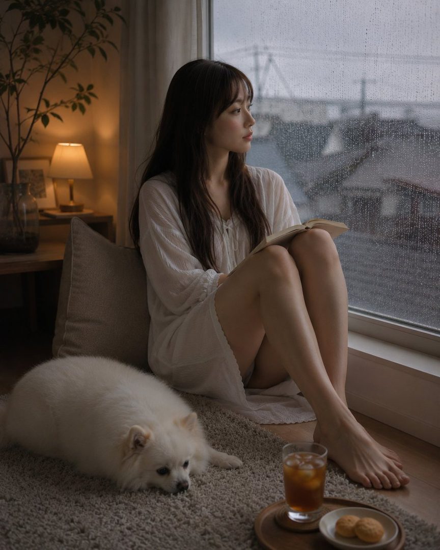 A young woman with long brown hair and bangs sits by a window, looking out at the rainy weather, with a book in her lap and a small white dog nearby.