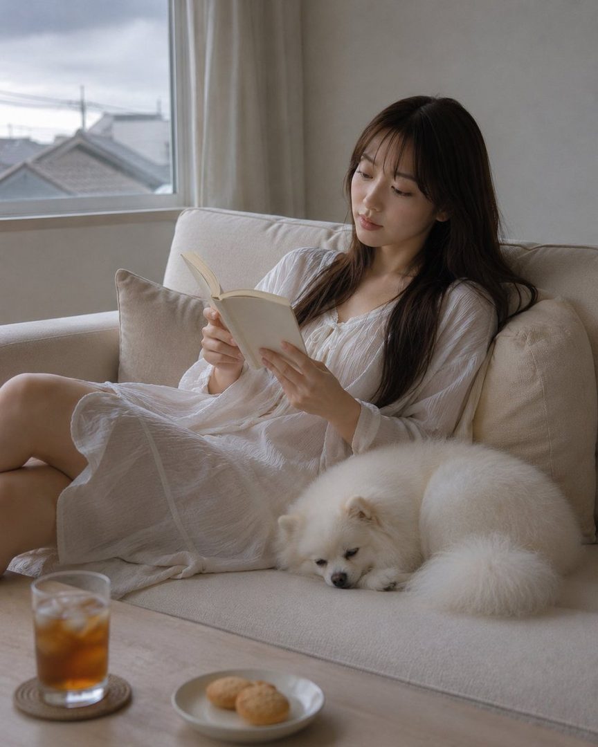 A young woman with long brown hair and bangs is sitting on a sofa, reading a book, with a white fluffy dog sleeping beside her.