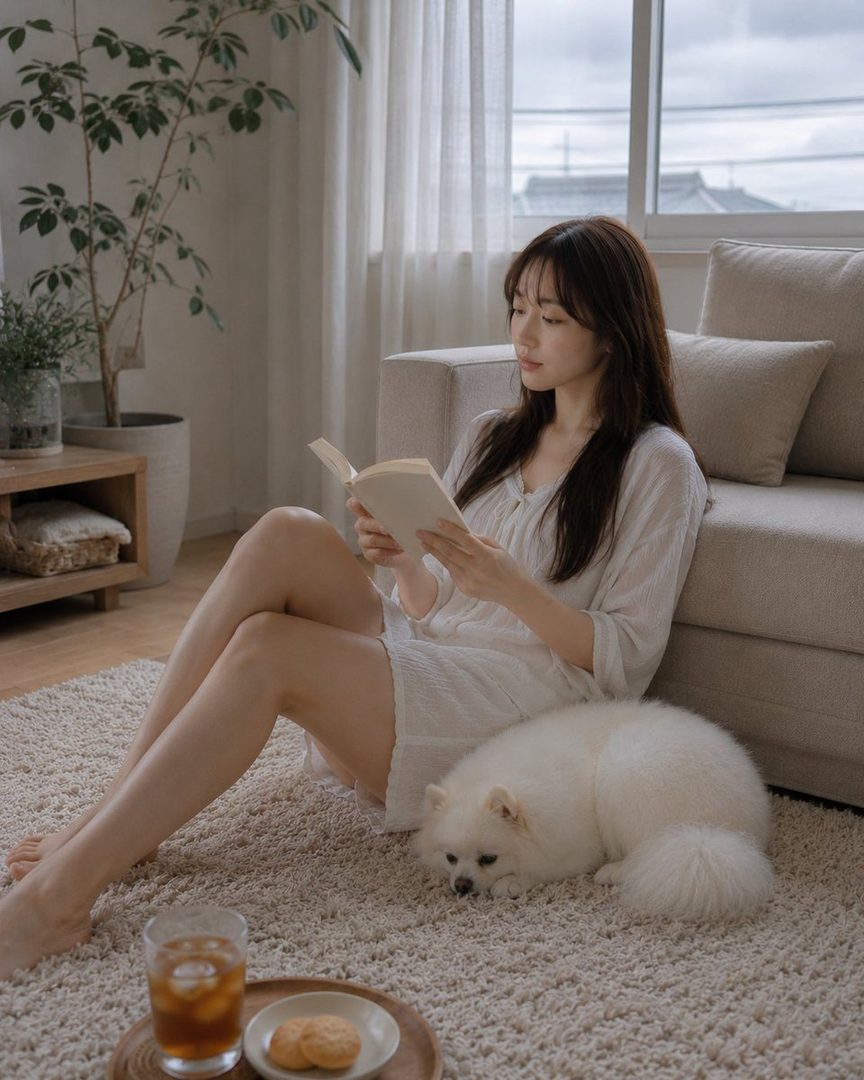 A young woman with long brown hair sits on a rug, reading a book, with a white fluffy dog sleeping beside her and a drink and cookies on a tray.