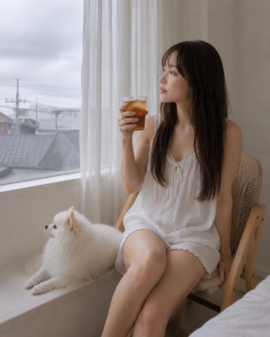 A woman with long brown hair in a white casual outfit sits by a window with a drink, looking out, with a white dog beside her.