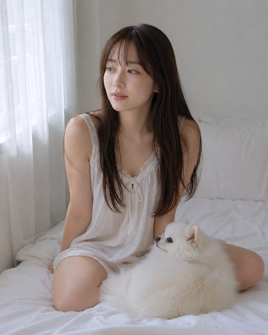 A young woman with long brown hair and bangs, wearing a white nightgown, sits on a bed next to a fluffy white dog, looking out a window.