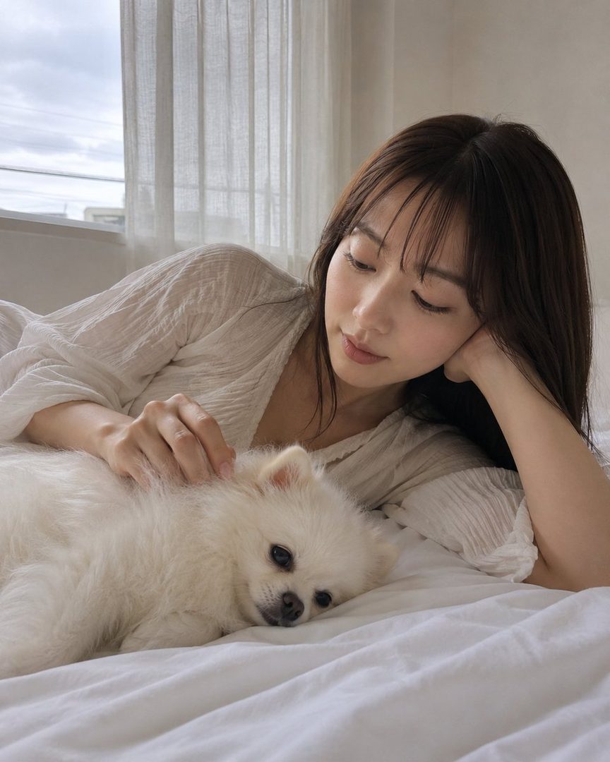 A young woman with long brown hair and bangs lies on a white bed, gently petting a small white dog.