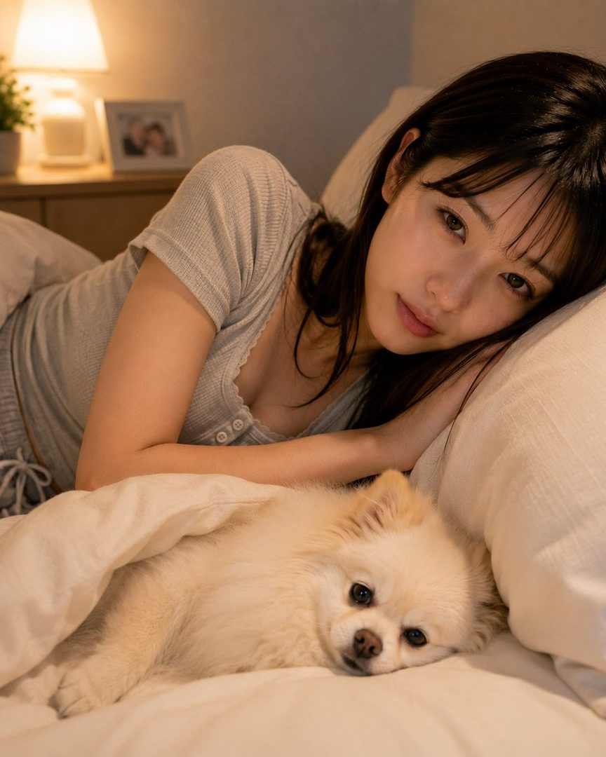 A photorealistic AI-generated image of a young woman with black hair and bangs, wearing casual sleepwear, lying in bed next to a small white dog.