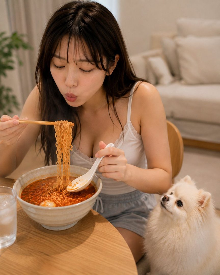 A young woman with long black hair is eating a bowl of spicy ramen noodles with chopsticks, while a small white dog looks up at her from beside the table.