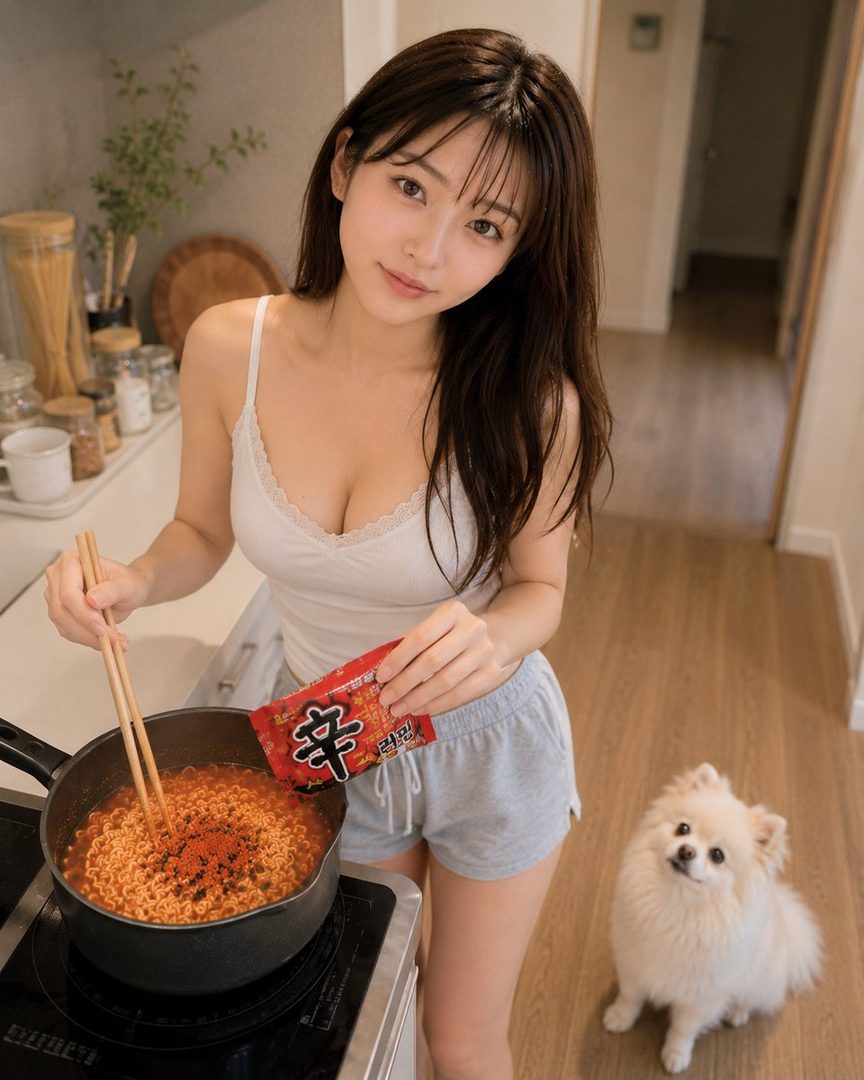 A young woman in a white camisole and grey shorts is cooking instant noodles in a kitchen, with a small white dog sitting beside her.