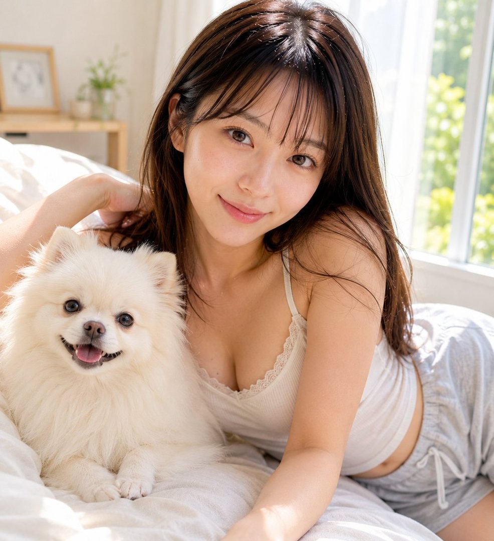 A young woman with long brown hair and bangs, wearing a white camisole and grey shorts, smiles while lying on a bed next to a fluffy white dog.
