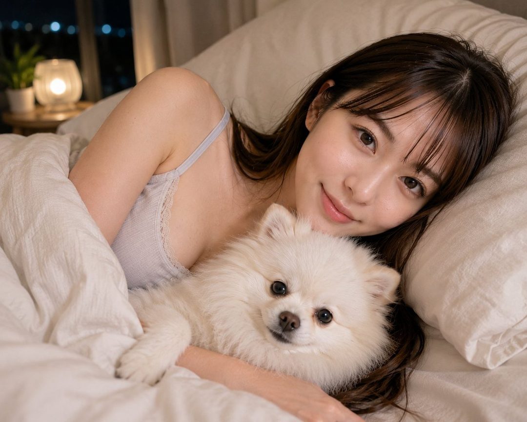 A young woman with long brown hair and bangs lies in bed with a small white dog, smiling gently at the camera.
