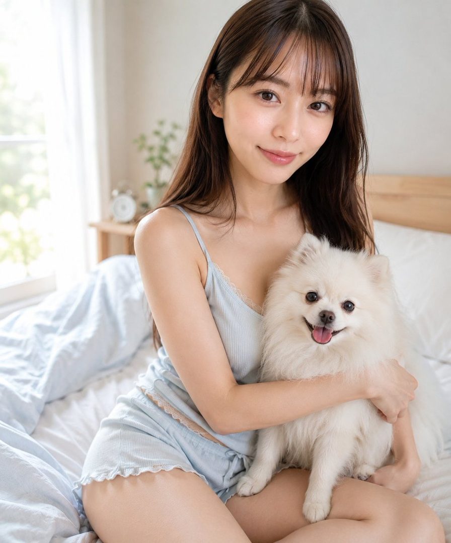 A young woman with long brown hair and bangs, wearing light blue knit pajamas, sits on a bed with a fluffy white dog.