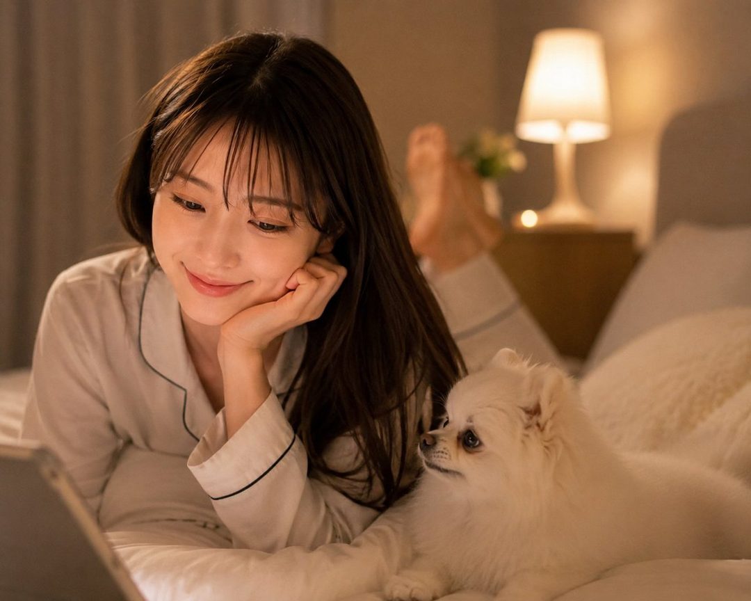A young woman with long brown hair and bangs, wearing pajamas, lies on a bed with a small white dog, looking at a tablet.
