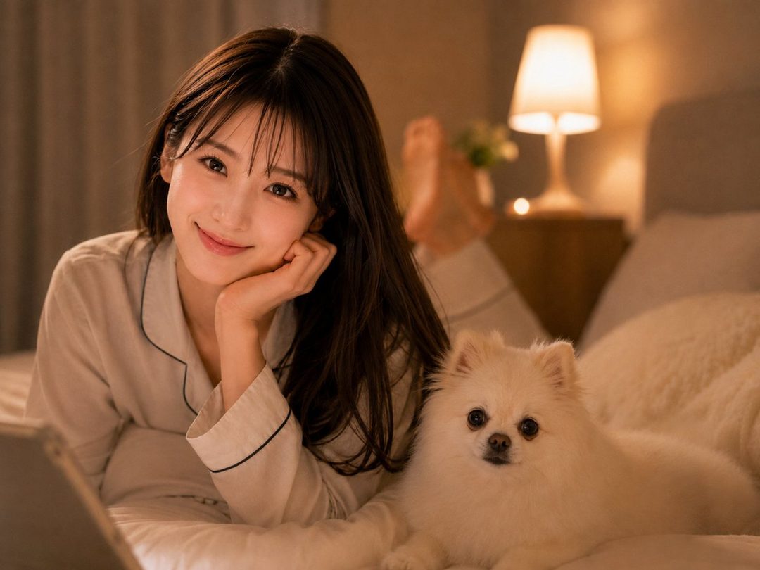A young woman in pajamas is lying on a bed with a small white dog, smiling gently at the camera.