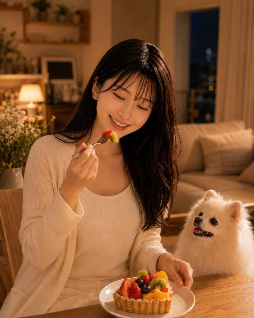 A smiling woman with long dark hair and bangs is eating a fruit tart with a small white dog beside her at a table indoors at night.
