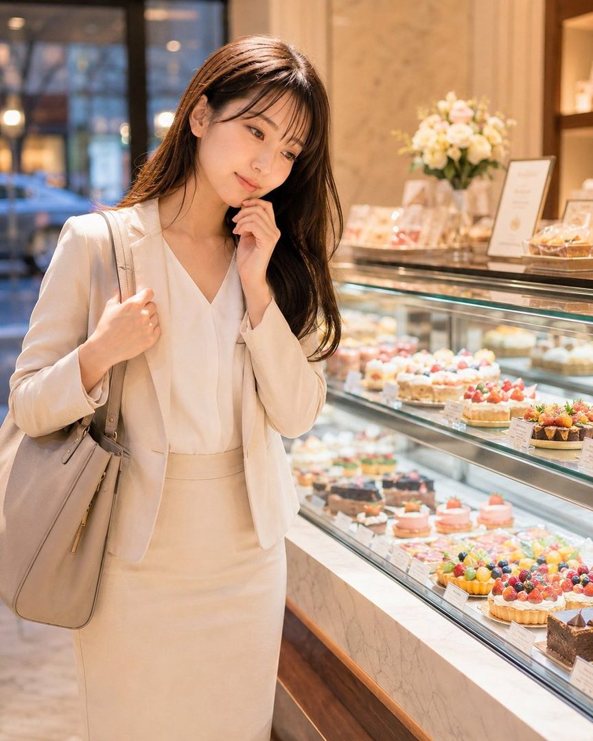 A young woman in a light-colored suit stands in front of a display case filled with various cakes and pastries, looking down at them with a thoughtful expression.
