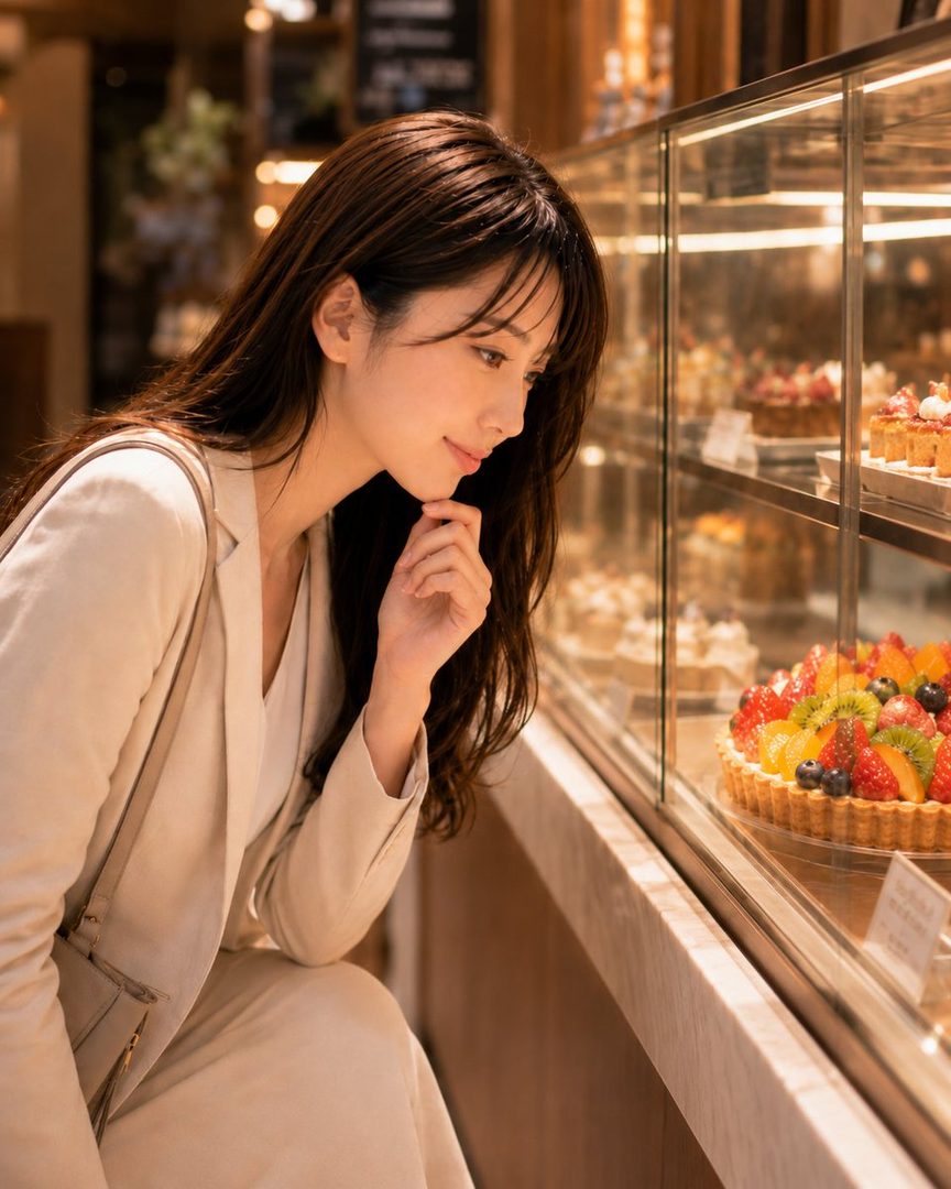 A beautiful woman with long brown hair, wearing a light-colored outfit, gazes thoughtfully at a display of fruit tarts and cakes in a brightly lit bakery.